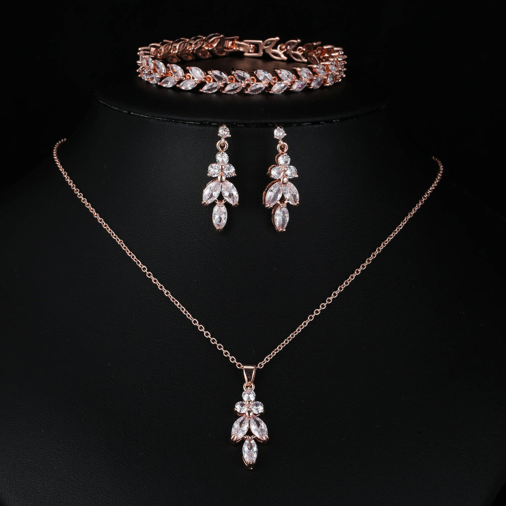 3-Piece CZ Bridal Jewellery Set — Korean Wedding Necklace, Earrings & Ring