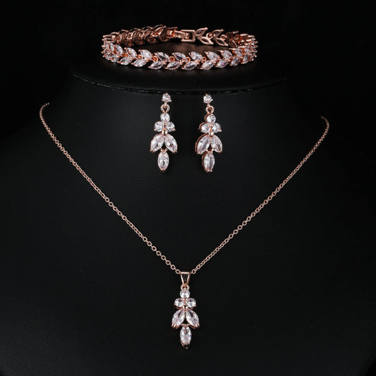 3-Piece CZ Bridal Jewellery Set — Korean Wedding Necklace, Earrings & Ring