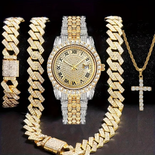 Hip-Hop Luxury Jewellery Set — Watch, Chain, Bracelet & Ring (4 Piece)