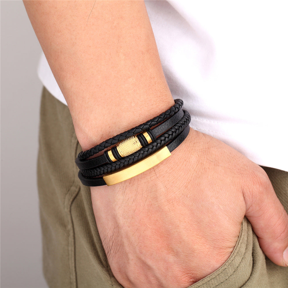 Men's Multilayer Leather & Steel Bead Bracelet — 3 Finishes, 3 Sizes