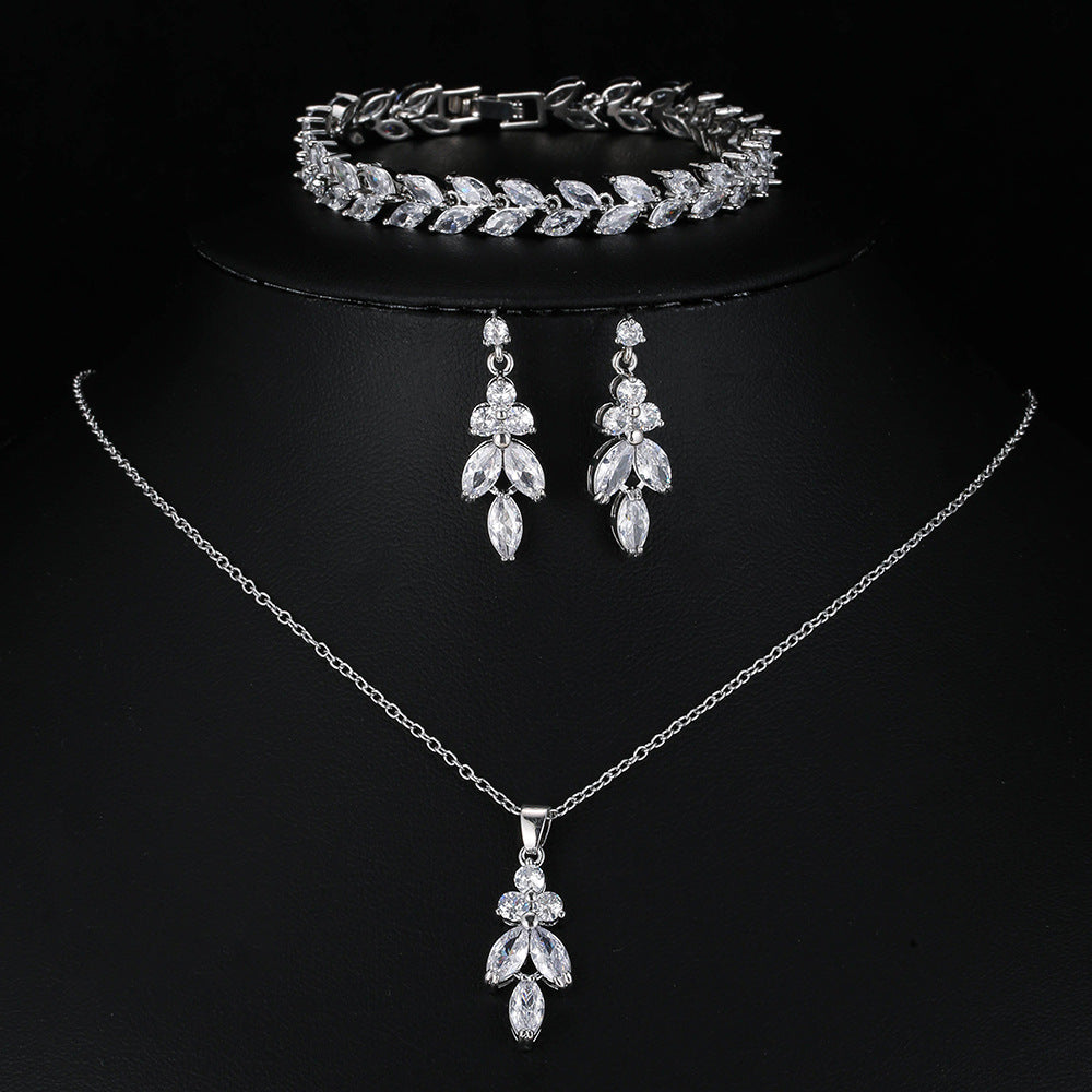 3-Piece CZ Bridal Jewellery Set — Korean Wedding Necklace, Earrings & Ring