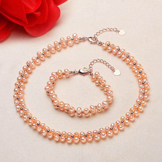 Freshwater Pearl Necklace & Bracelet Set — White & Pink