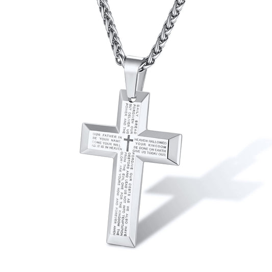 Men's Silver Cross Necklace — Scripture Engraved Stainless Steel Pendant