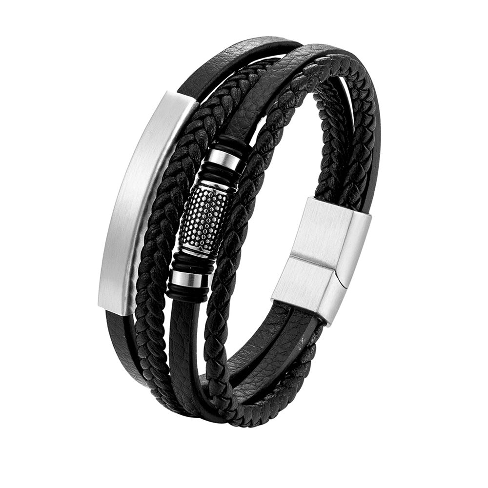 Men's Multilayer Leather & Steel Bead Bracelet — 3 Finishes, 3 Sizes