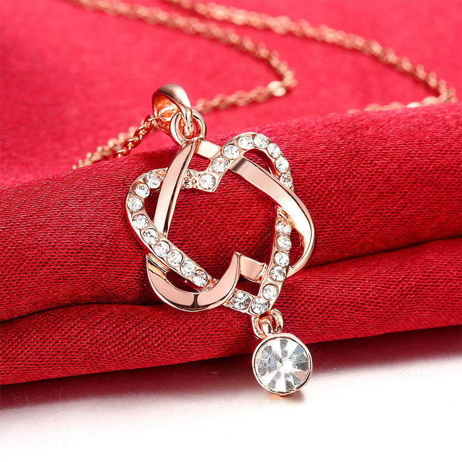 Rose Gold Double Heart Rhinestone Necklace — Twisted Love Pendant