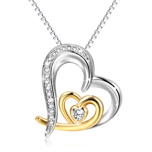 Double Heart Diamond Pendant Necklace — 925 Sterling Silver & Gold