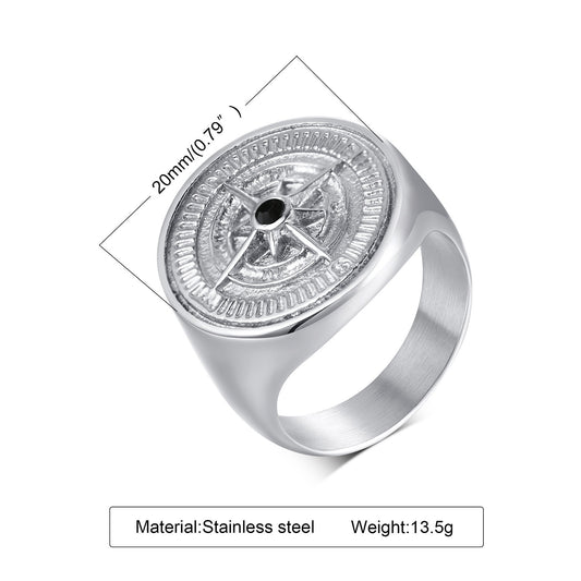 Compass Ring for Men — Black & Steel Stainless Steel, Sizes 7–12