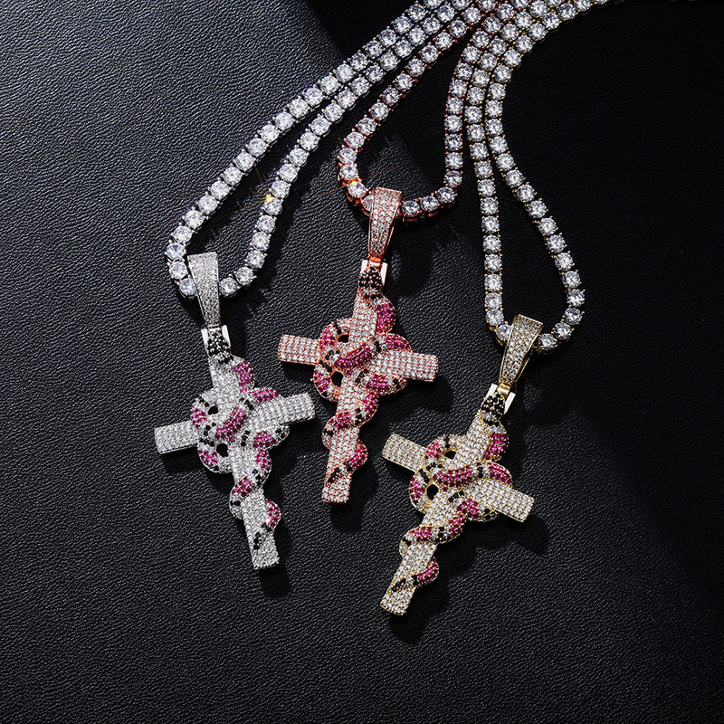 Snake Cross Pendant Necklace — Men's AAA Zircon Statement Piece