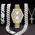 Hip-Hop Luxury Jewellery Set — Watch, Chain, Bracelet & Ring (4 Piece)