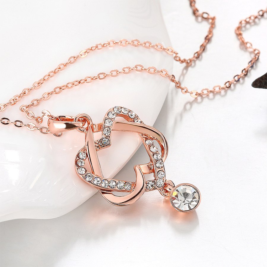 Rose Gold Double Heart Rhinestone Necklace — Twisted Love Pendant