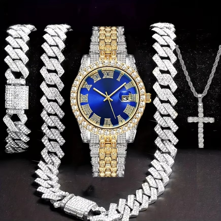 Hip-Hop Luxury Jewellery Set — Watch, Chain, Bracelet & Ring (4 Piece)