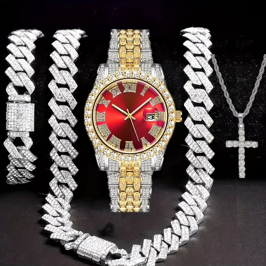 Hip-Hop Luxury Jewellery Set — Watch, Chain, Bracelet & Ring (4 Piece)