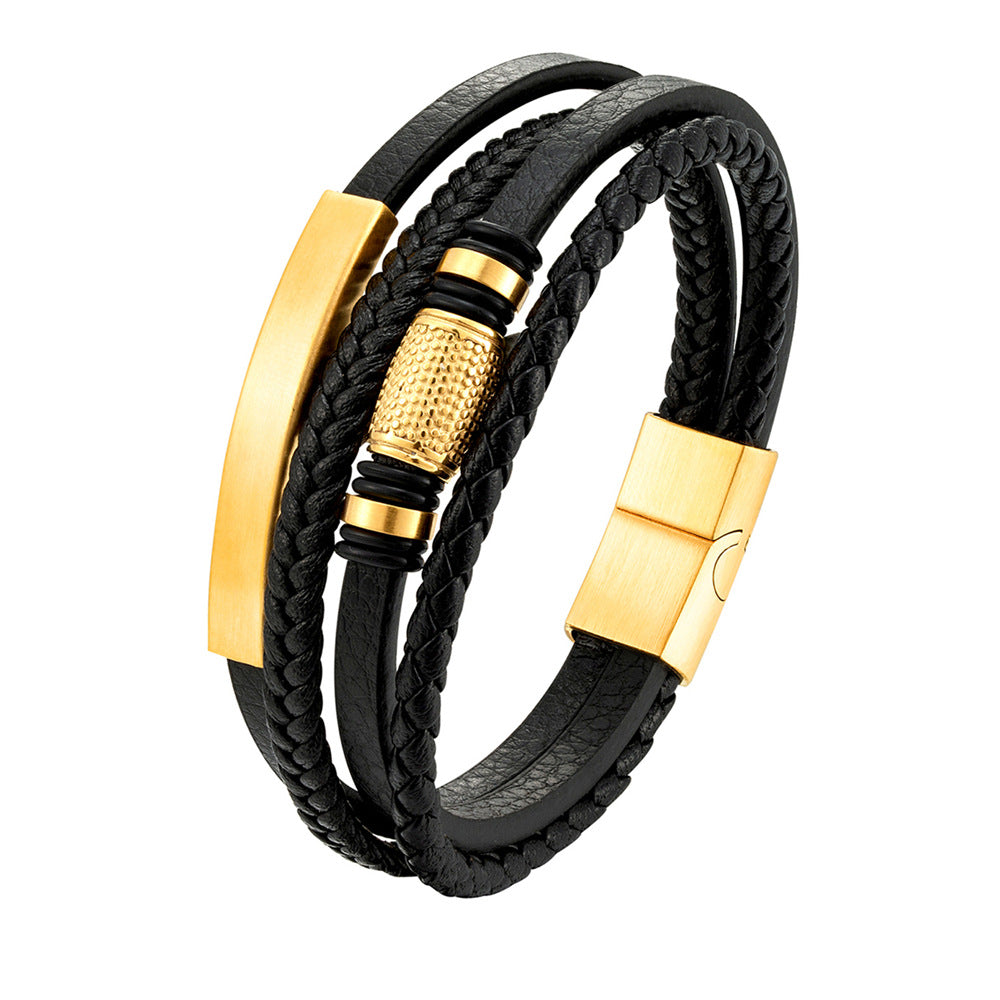 Men's Multilayer Leather & Steel Bead Bracelet — 3 Finishes, 3 Sizes