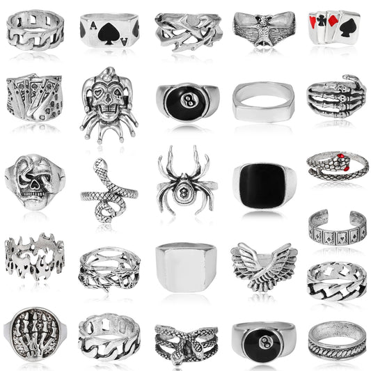 26-Piece Vintage Punk Rings Set — Gothic Silver Statement Collection for Men