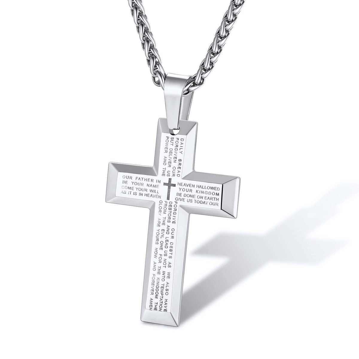 Men's Silver Cross Necklace — Scripture Engraved Stainless Steel Pendant
