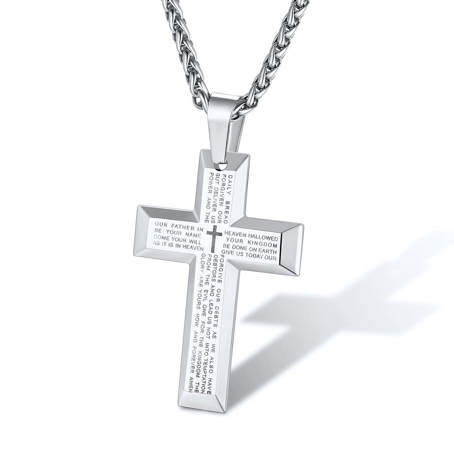 Men's Silver Cross Necklace — Scripture Engraved Stainless Steel Pendant