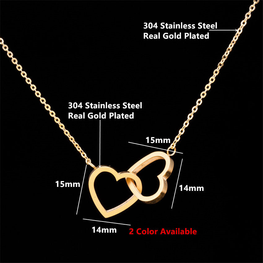 Double Heart Pendant Necklace — Gold, Silver & Rose Gold Stainless Steel