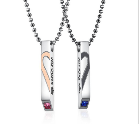 Couple Heart Necklace Set — Diamond-Inlaid Titanium, His & Hers