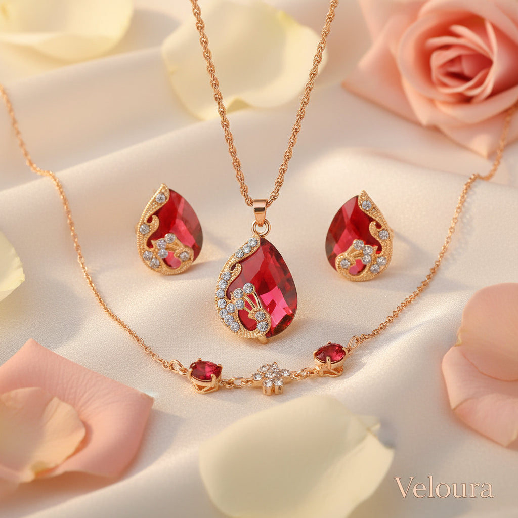Jewelry set with red teardrop-shaped gemstones and gold accents on a white background