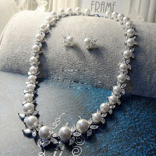 Zircon Pearl Bridal Necklace & Earring Set — AAA Crystal, Gold & Silver