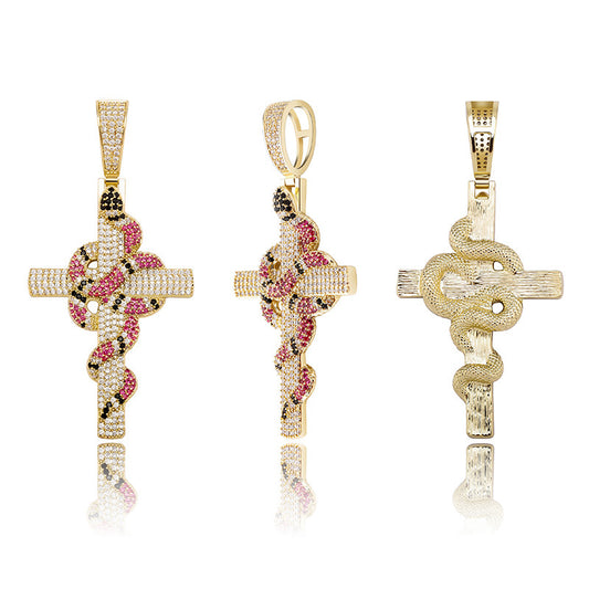 Snake Cross Pendant Necklace — Men's AAA Zircon Statement Piece