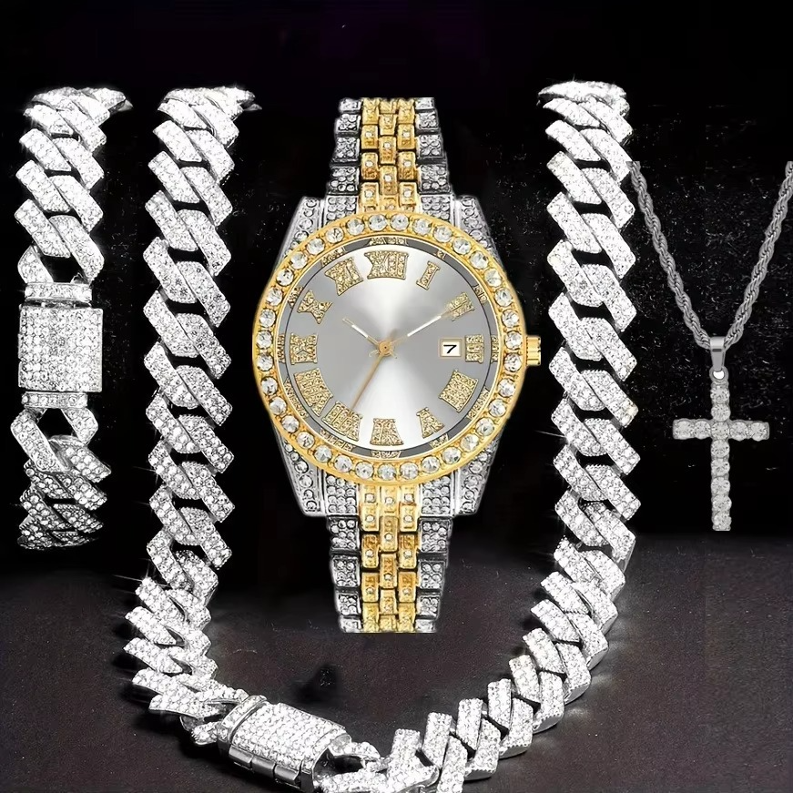 Hip-Hop Luxury Jewellery Set — Watch, Chain, Bracelet & Ring (4 Piece)