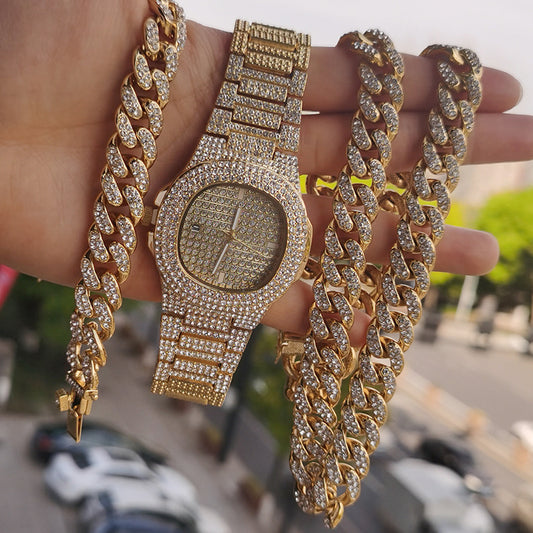 Men's Cuban Link Necklace & Bracelet Set — Matching Gold & Silver Hip-Hop